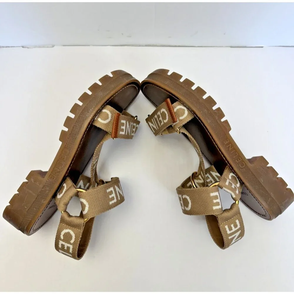 CELINE Paris Leo Wool Jacquard Strappy Sandals Light Beige/White Sz 37 MSRP $850